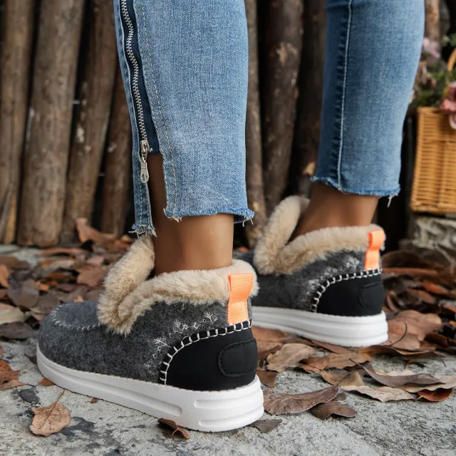 Plus Size Fleece lined Thicker Raw Edge Warm Flat Bottom Cotton Shoes Gray - Shop at LoveMi