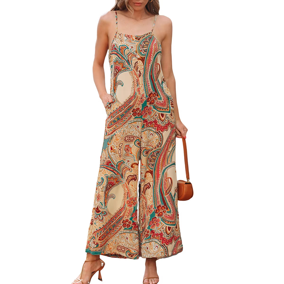 High-Waisted Suspender Pants Ethnic-Style Printed Jumpsuit With Multiple Pockets
