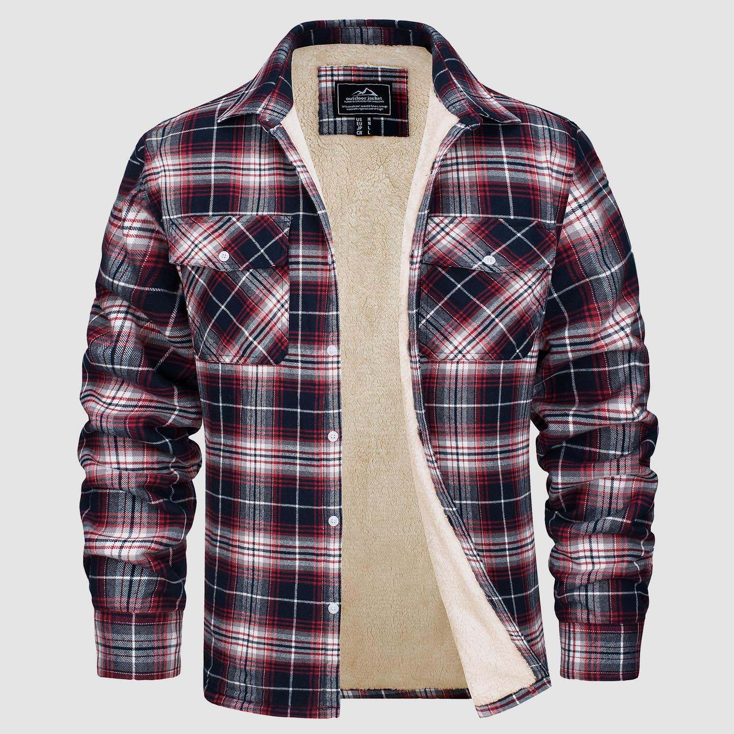 Fleece Lined Men's Jacket Long Sleeve Lapel Plaid - Picture 14 of 14