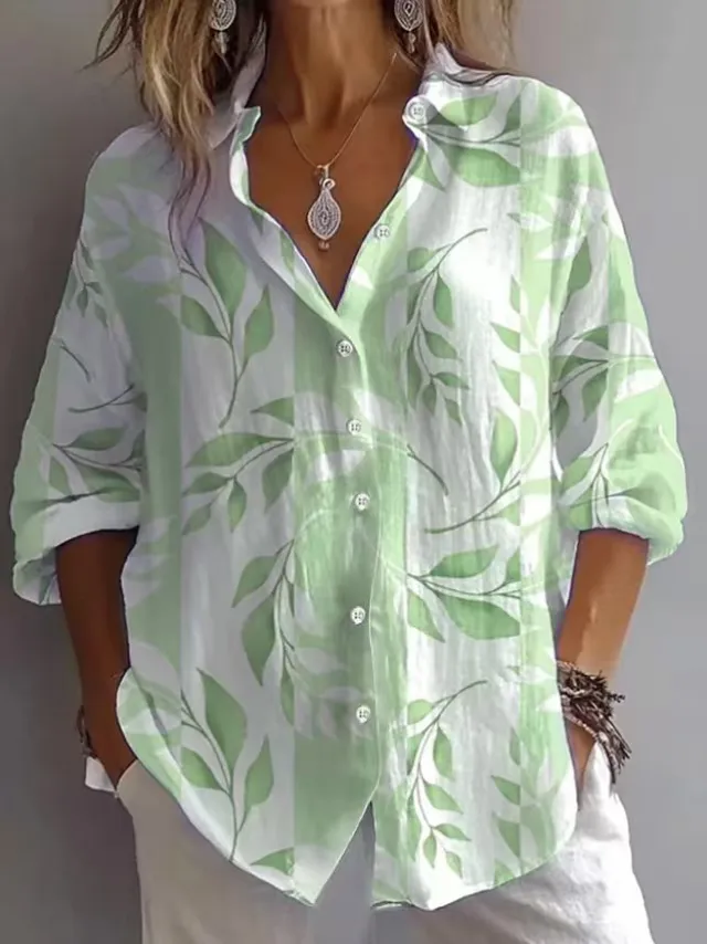 Spring Women's Solid Color Linen Long Sleeve Casual Shirt Floral 3 - Shop at LoveMi