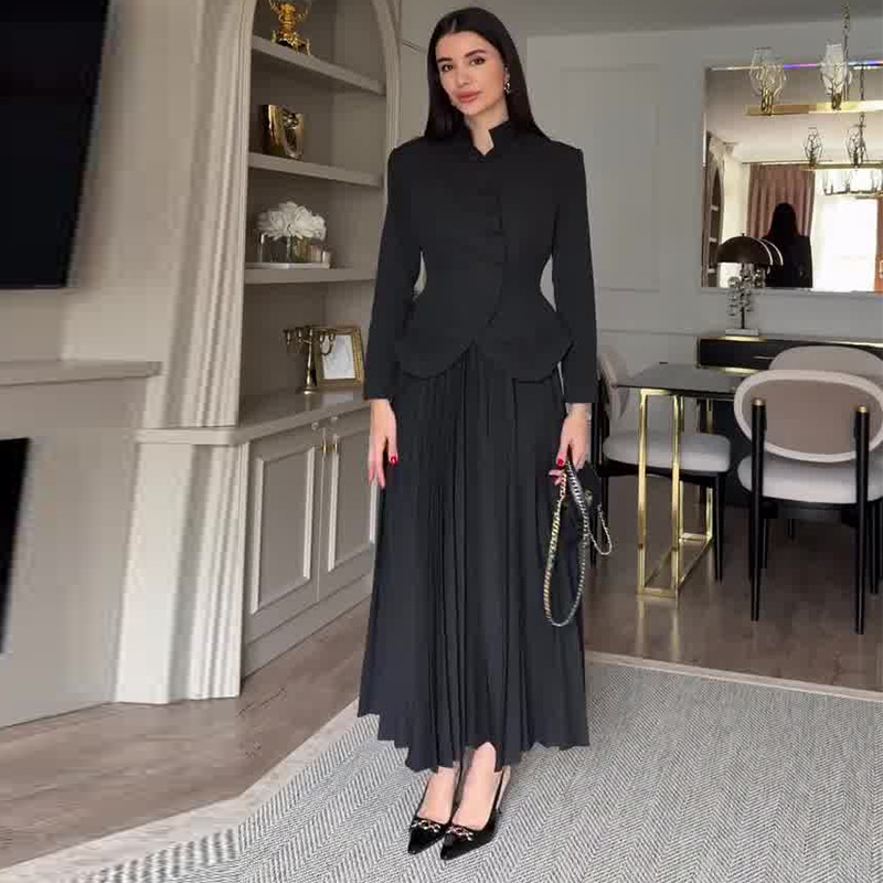 New Womens Elegant Slim-fit Long-sleeve Stand-collar Two-piece Dress Set