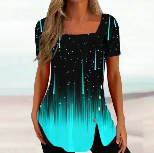 Cross border New Print Short Sleeve Irregular Button Split Printed Women's T shirt Starlight S - Shop at LoveMi