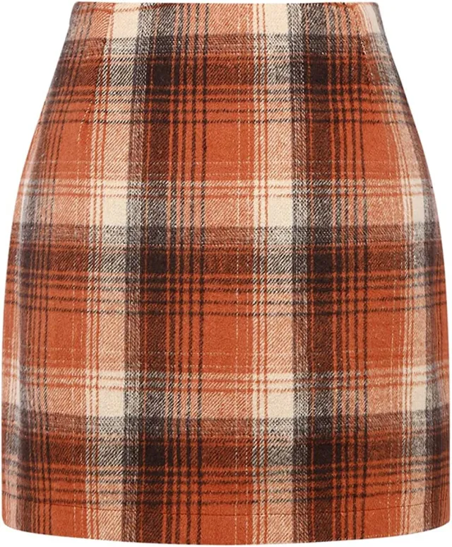 Women's High Waist Plaid Tight Pencil Wool Mini Skirt Orange - Shop at LoveMi