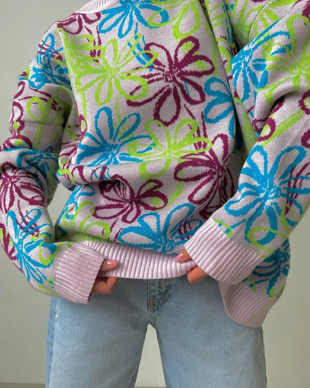 Women's Fashion Simple Flower Sweater Green - Shop at LoveMi