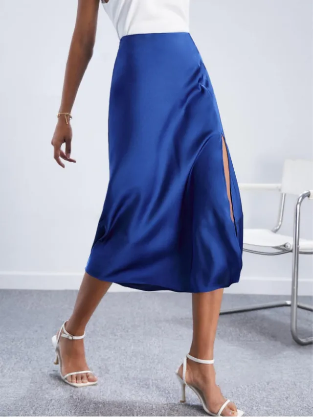 High waist Satin Skirt, Slit Long Skirt, Satin Midi Skirt, Spring New Style Blue - Shop at LoveMi