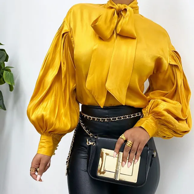 Women's Long Sleeve Solid Color Shirt Retro Yellow - Shop at LoveMi