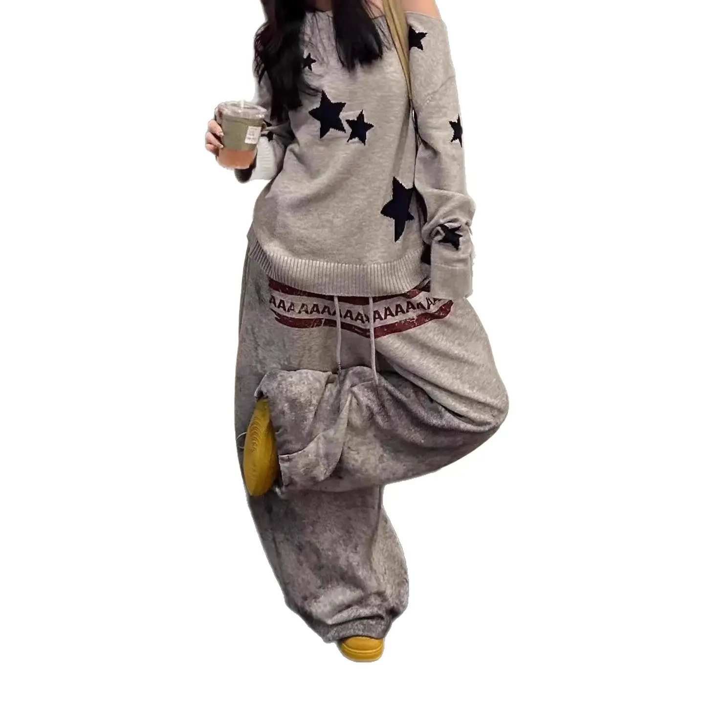 Effortless-Style Denim Jeans Distressed Tie-Dye Wide-Leg Sweatpants Style