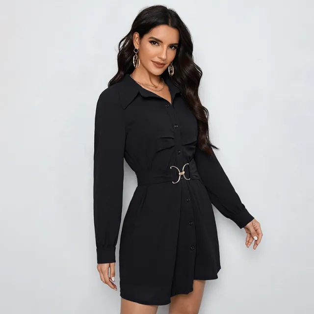 Womens Solid Color Commuter Style Shirt Single Breasted Long Sleeve Dress Black - Shop at LoveMi