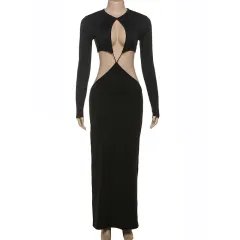 Women's Fashion Hollowed-out Sheath Long Dress - Black - View 1
