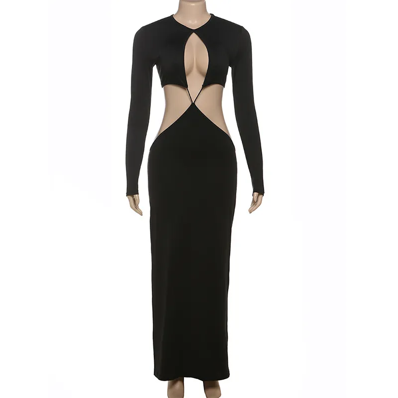 Women's Fashion Hollowed-out Sheath Long Dress - Black
