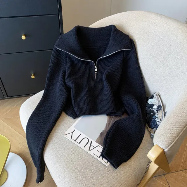 Women's Zipper Sweater Lapel Cropped Sweater Coat Black - Shop at LoveMi
