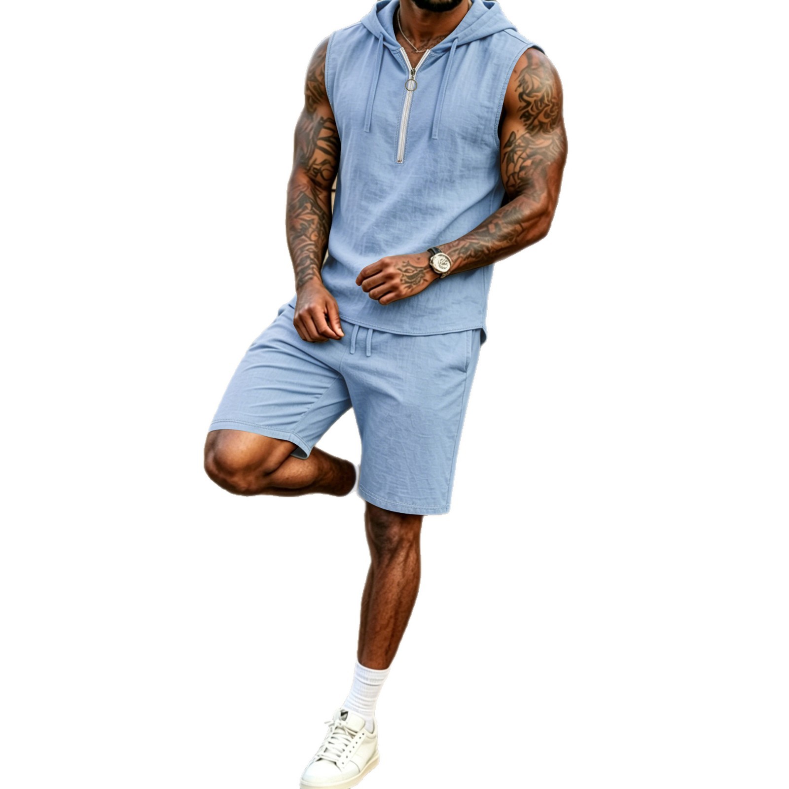 Mens Summer Loose Casual Hooded ZipUp Sleeveless Set 4