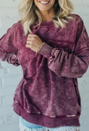 Washed Cotton Loose fitting Casual Round neck Sweater T shirt For Women Wine - Shop at LoveMi