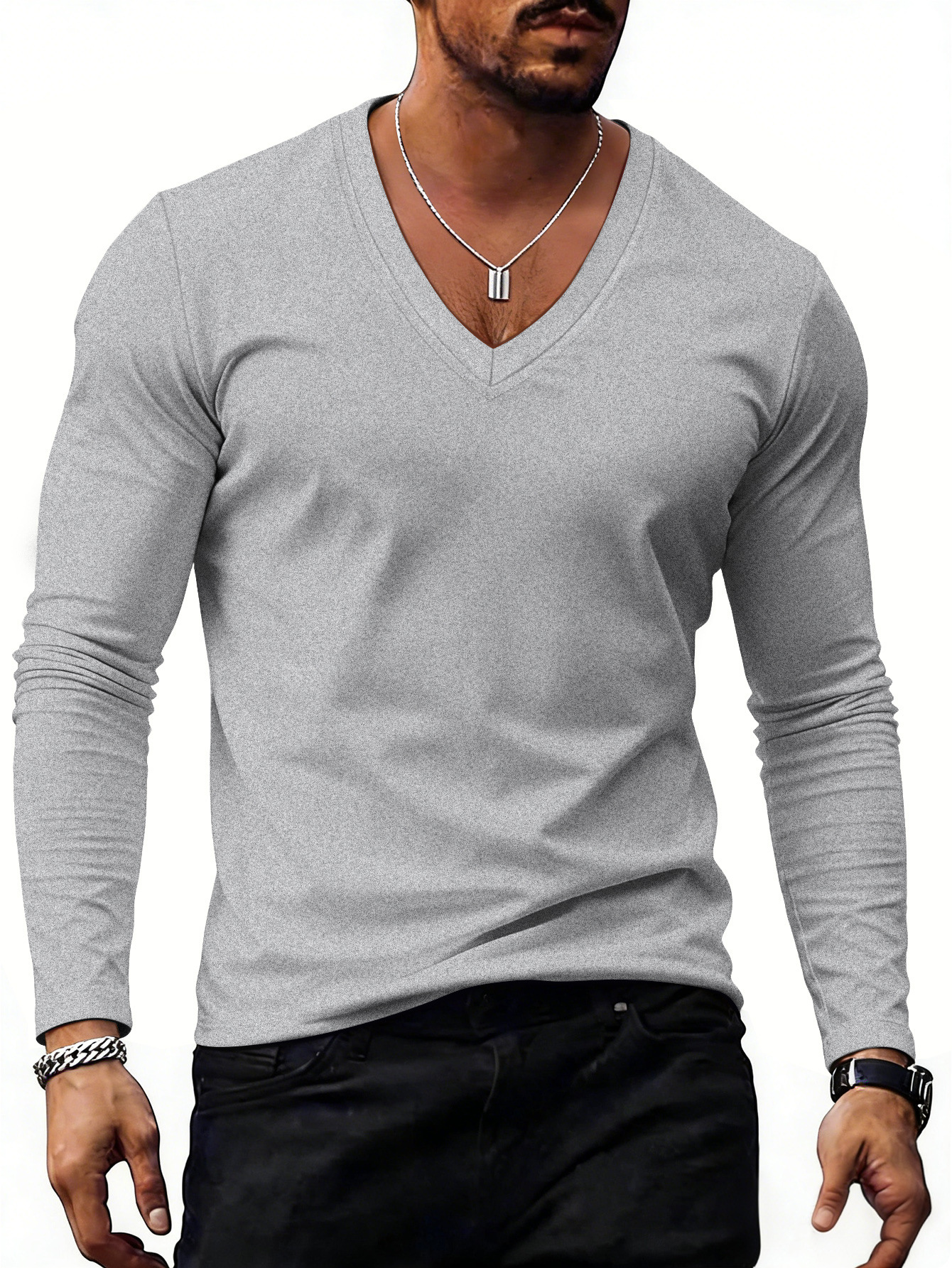 Mens Solid-Color Plus-Size Casual V-Neck T-Shirt