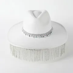 Pendant Wide Brim Top Hat Casual Fedora Hat Women Fur Felt Hat - White - View 1
