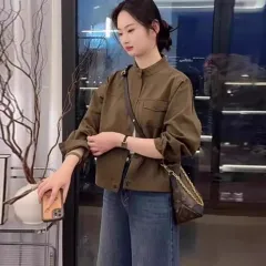 Casual Versatile Short Women's Loose Baseball Uniform Stand Collar Workwear Jacket Top - Brown - View 1