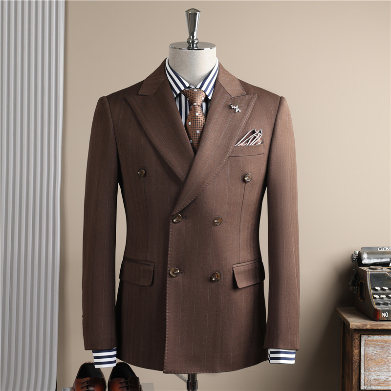 Double-breasted Peak-lapel Stain-resistant Wool Striped Tuxedo For The Groom