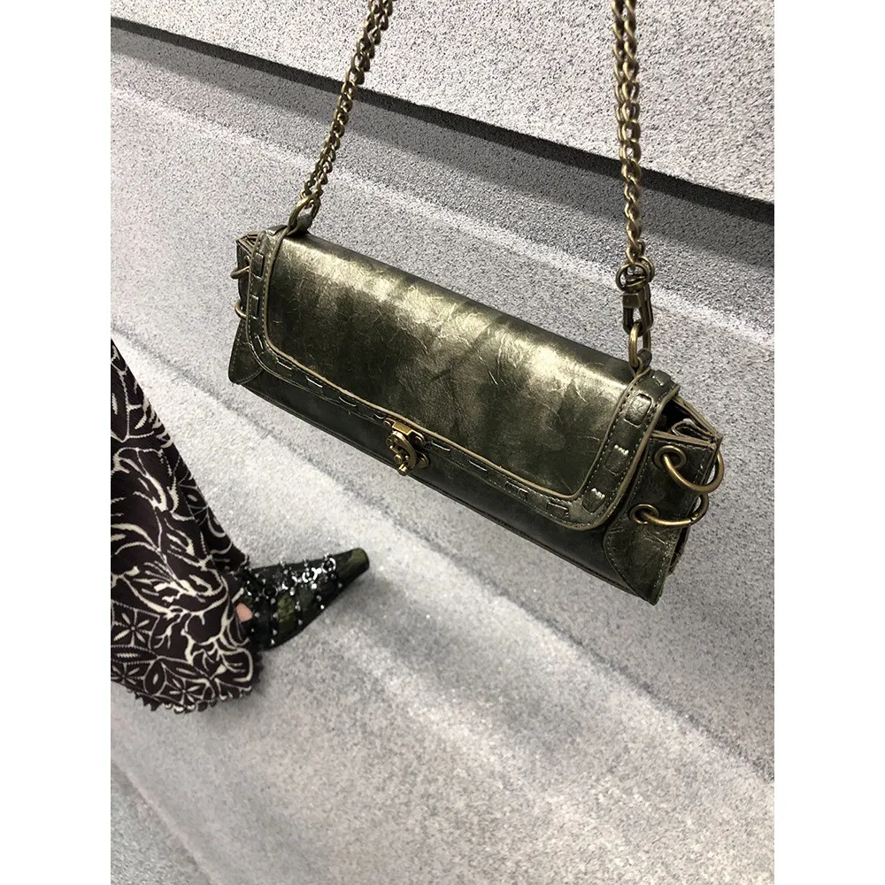 Design One-shoulder Lock Bronze Gold Crossbody Bag - Green