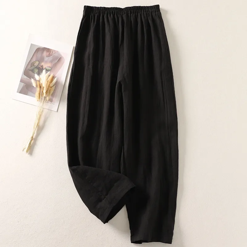 Cotton And Linen Casual Elastic Waist Loose Cropped Pants - Black