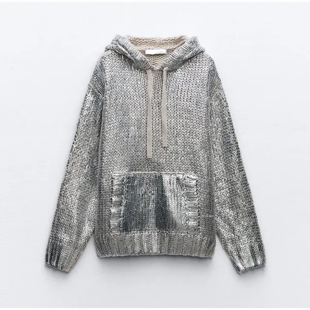 Silver Metal Ribbed Hooded Long Sleeve Drawstring Pullover Sweater Silver - Shop at LoveMi