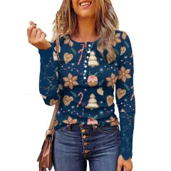 Lace Christmas Printed Button Round Neck Long Sleeve Bottoming Shirt - Picture Flower 4-Xl - View 1