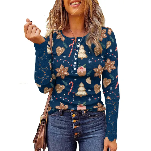 Lace Christmas Printed Button Round Neck Long Sleeve Bottoming Shirt Picture Flower 4 - Shop at LoveMi