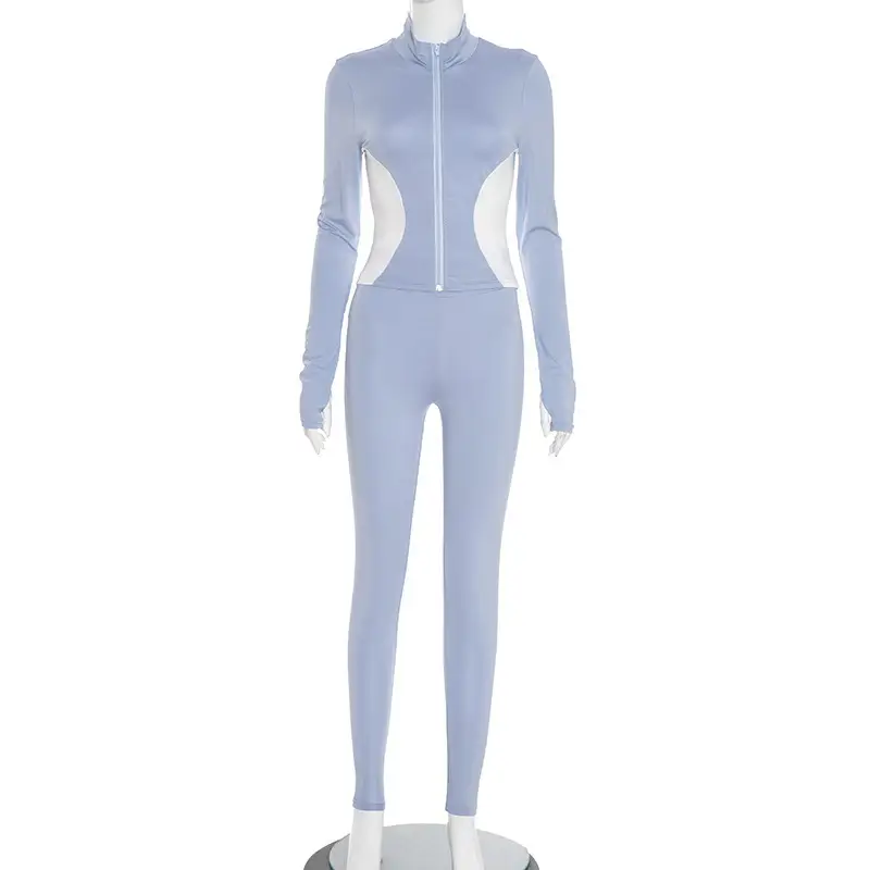 Casual Color-Block Tight-Fit Long-Sleeve Pants Set