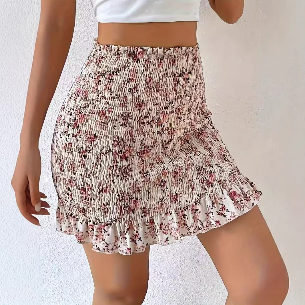 Printed Waist-cinching Ruched Figure-hugging Womens Summer Short Skirt
