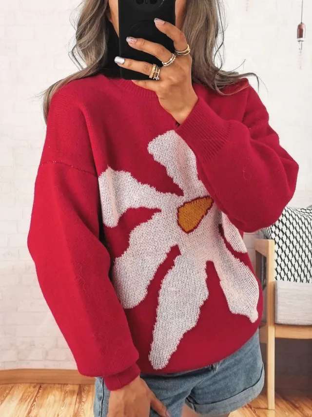 Casual Loose Knitted Round Neck Large Flower Jacquard Contrast Color Sweater Red - Shop at LoveMi