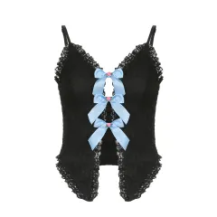 Sweet And Spicy Pure Suspenders Lace Ruffled V-neck - Black - View 1
