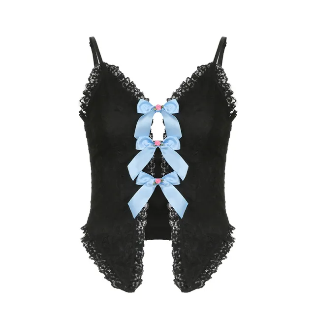 Sweet And Spicy Pure Suspenders Lace Ruffled V neck Black - Shop at LoveMi