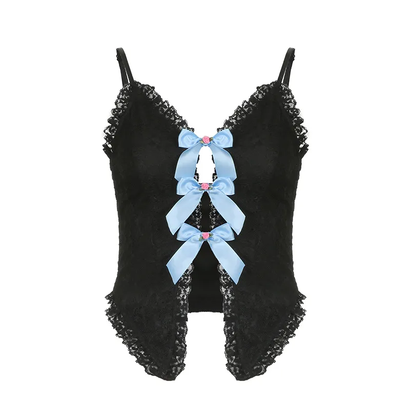 Sweet And Spicy Pure Suspenders Lace Ruffled V-neck - Black