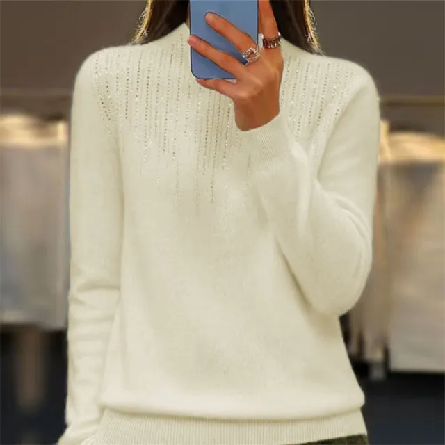 Women's Pullover Sweater Half high Collar With Diamonds White - Shop at LoveMi