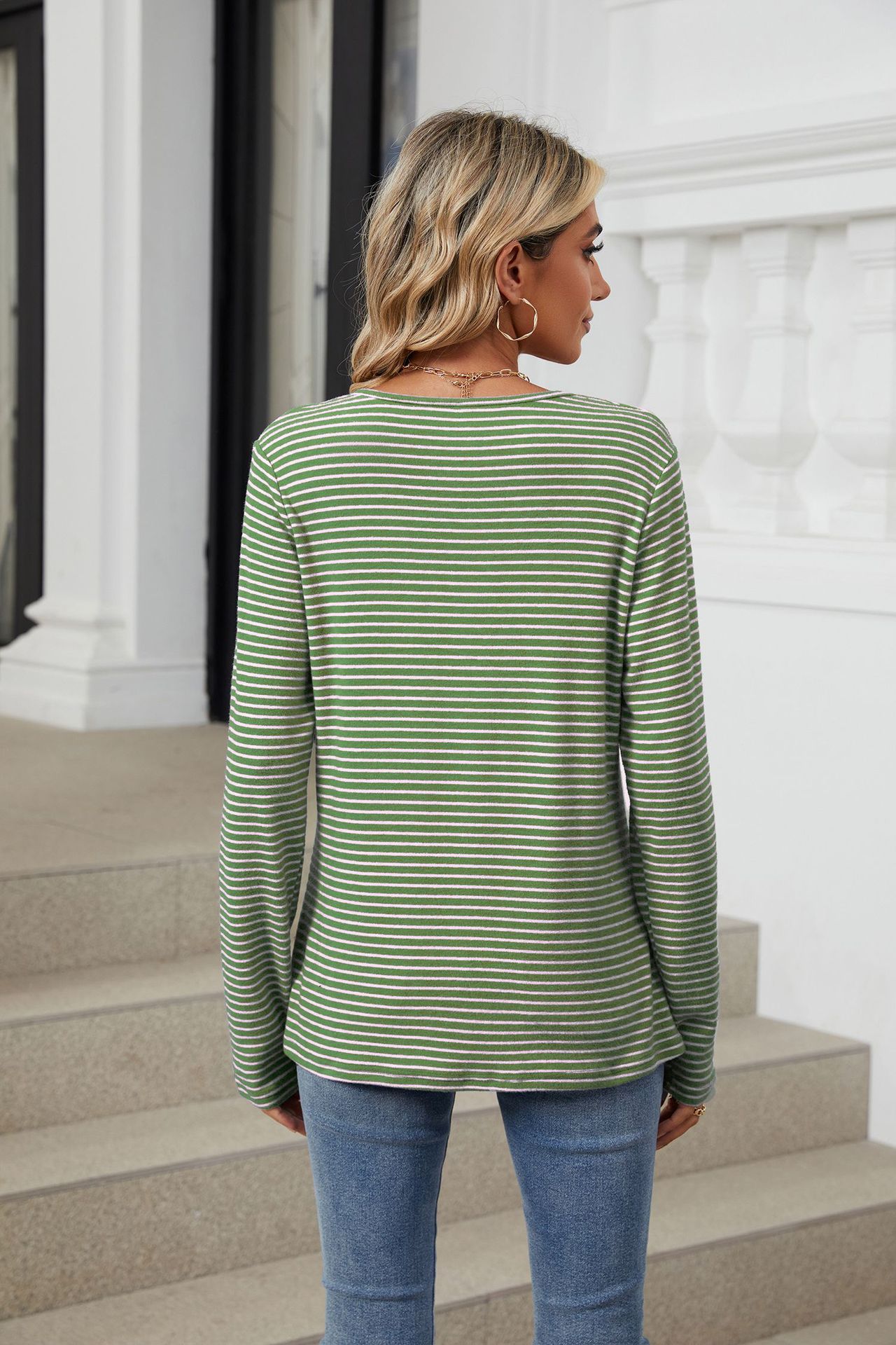 Title 12, Round Neck Button Solid Color Striped Casual T-...