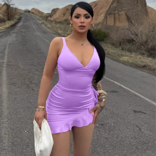 Hip wrapped Pleated Deep Ruffled Dress Purple - Shop at LoveMi