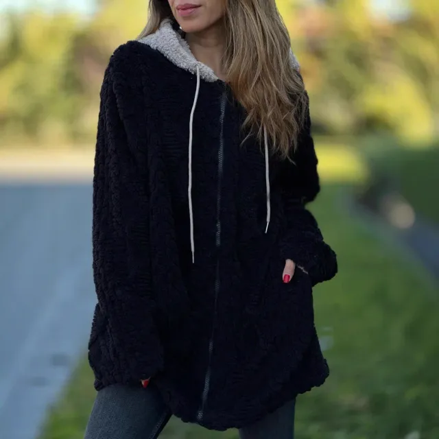 Hooded Solid Color Fur Zip Long Sleeve Coat Women Black - Shop at LoveMi