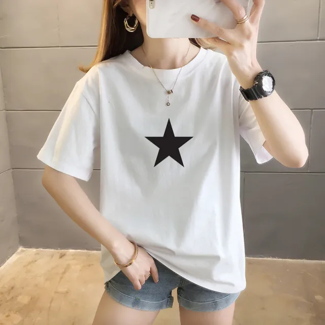 Summer New Pure Cotton Short Sleeve T shirt Women's Korean style Round Neck Printed Wear Top White - Shop at LoveMi