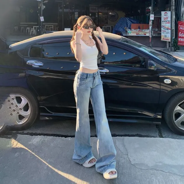 American Retro Low Waist Bell bottom Pants Slim Fit Slimming Stretch All matching Jeans Light Blue Lengthened - Shop at LoveMi