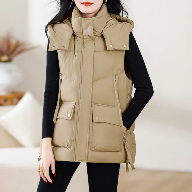 Loose Outer Wear Stand up Collar Waistcoat Thick Coat Champagne - Shop at LoveMi