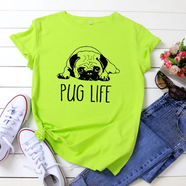 Top European And American Style Casual Women's Wear PUG LIFE Short sleeved T shirt Pure Cotton Fluorescent Green - Shop at LoveMi