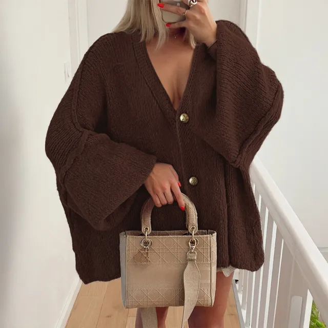 Casual Vacation Button Long Sleeve Shirt Sweater Women's Clothing Brown - Shop at LoveMi