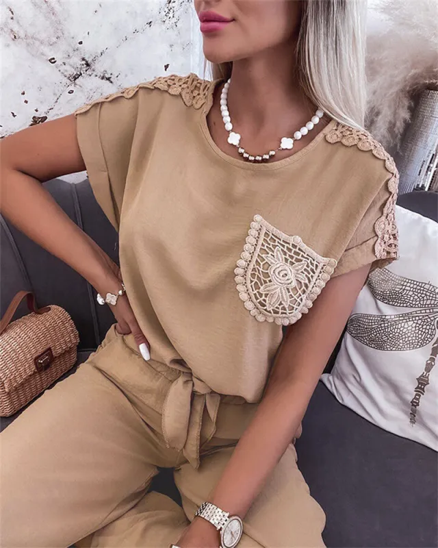 Women's New Lace Stitching Coat Wide Leg Pants Casual Suit Khaki - Shop at LoveMi