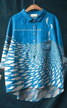 Women's Retro Fish Art Print Lapel Long Sleeve Shirt 4D759 3Xl - Shop at LoveMi