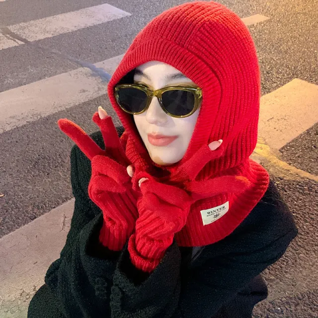 Women's Neck Warmer One piece Knitted Warm Hat Cold proof Red - Shop at LoveMi