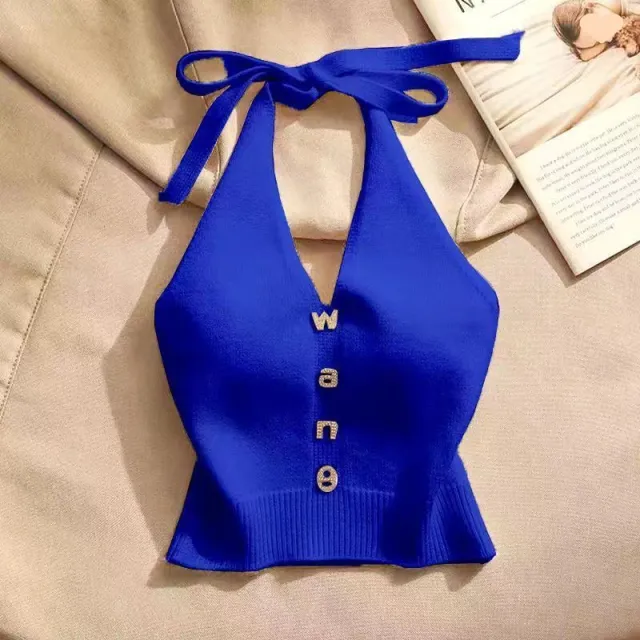 Summer Design Sense Off the shoulder Short Halter Spaghetti Straps Vest Blue - Shop at LoveMi