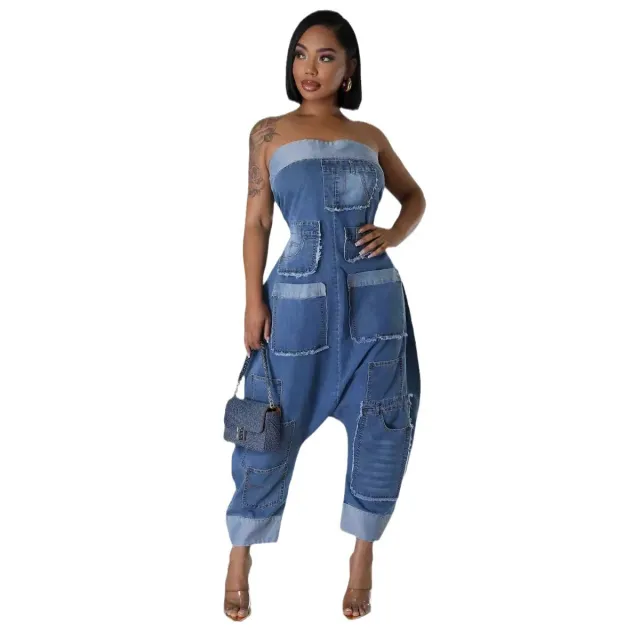Denim Cargo Pants Multi pocket Stitching Washed Loose Sleeveless Jumpsuit Blue - Shop at LoveMi