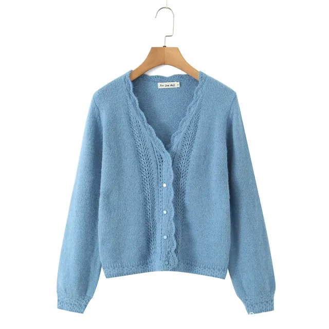 Crocheted Puff Sleeve Knitted Cardigan Haze Blue - Shop at LoveMi