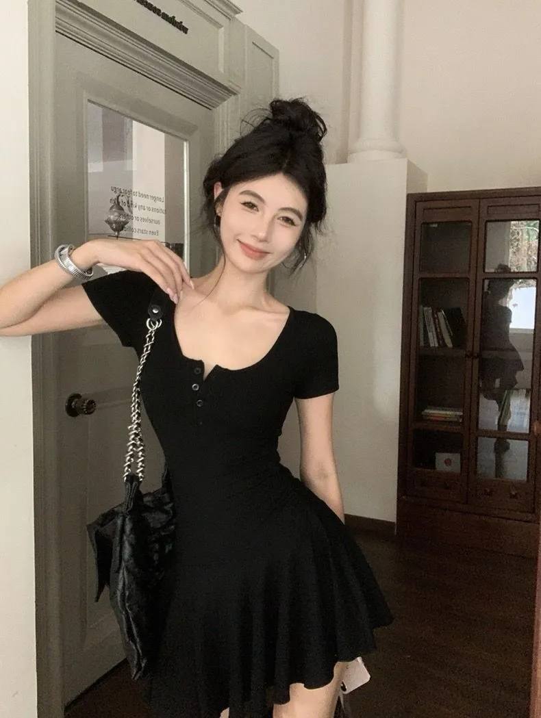 Gray U-neck Slim-fit Short Sleeve Dress Women - Black