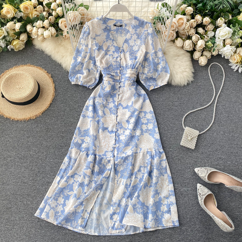 V-neck Buttoned Waist-cinching Figure-flattering Below-the-knee Slit Dress