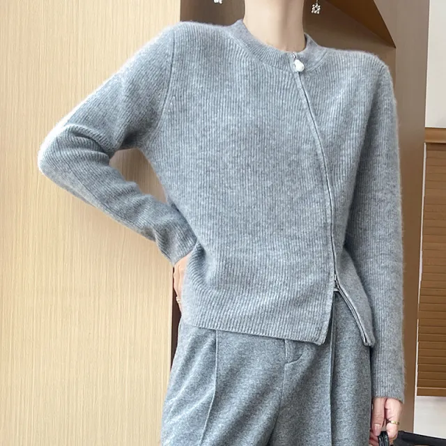 Round Neck Knitted Cardigan Long Sleeve Women's Oblique Zipper Slim Jacket Gray - Shop at LoveMi